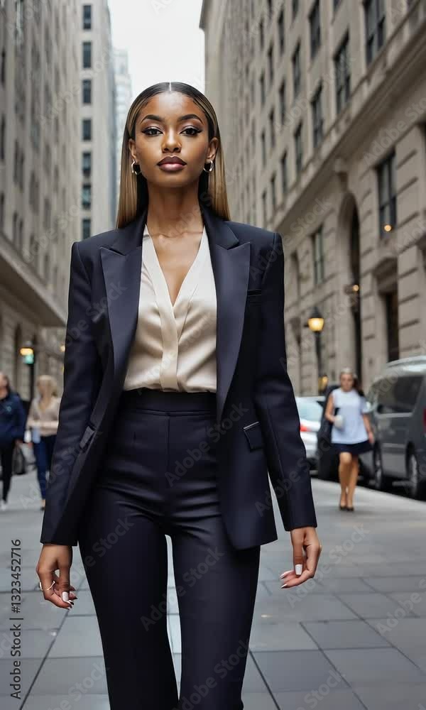 Confident Businesswoman in a Modern Suit Walking Purposefully Through a Vibrant Financial District with Lens Flare, Showcasing Corporate Leadership and Professional Ambition - Vertical Confident Businesswoman in a Modern Suit Walking Purposefully Through a Vibrant Financial District with Lens Flare, Showcasing Corporate Leadership and Professional Ambition - Vertical