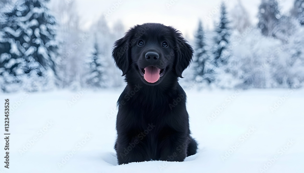 Adorable black puppy sitting in snow-covered winter wonderland Adorable black puppy sitting in snow-covered winter wonderland
