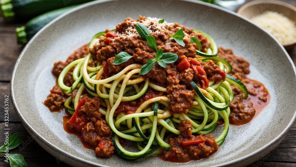 Vibrant zucchini noodles spiraled in a light brown bowl, generously topped with rich vegan bolognese sauce and garnished with fresh herbs. Vibrant zucchini noodles spiraled in a light brown bowl, generously topped with rich vegan bolognese sauce and garnished with fresh herbs.