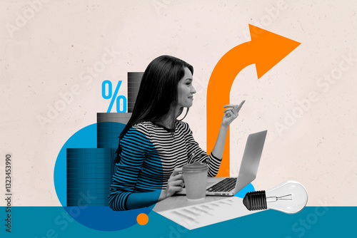 3d sketch poster trend collage of happy freelancer businesswoman sit workplace laptop coffee cup supplies arrow coin banker percent