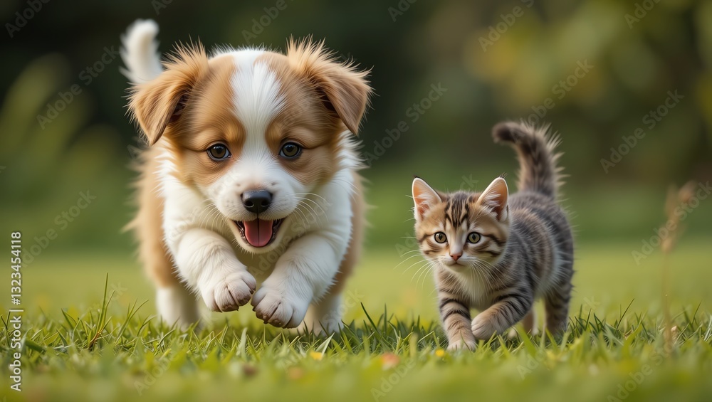 A playful puppy and curious kitten joyfully exploring a green grassy field together in the sunlight. A playful puppy and curious kitten joyfully exploring a green grassy field together in the sunlight.