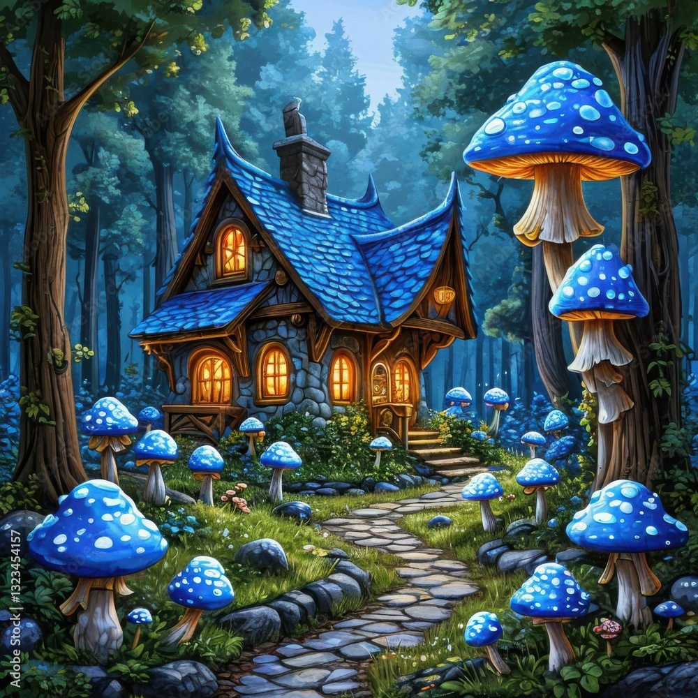 Fototapeta premium A tiny cottage surrounded by glowing mushrooms in an enchanted forest clearing. Generated AI