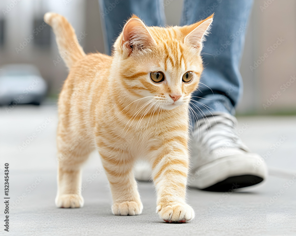 Adorable ginger kitten walking on a city sidewalk, curious about human Adorable ginger kitten walking on a city sidewalk, curious about human