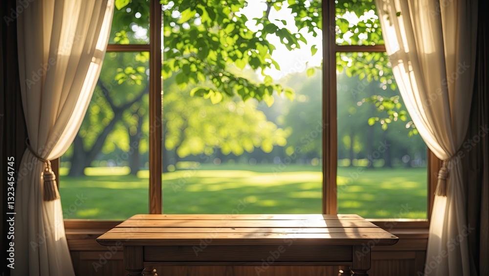 Sunlit wooden table near a window with white curtains showcasing a vibrant green park backdrop filled with trees and soft sunlight filtering through. Sunlit wooden table near a window with white curtains showcasing a vibrant green park backdrop filled with trees and soft sunlight filtering through.