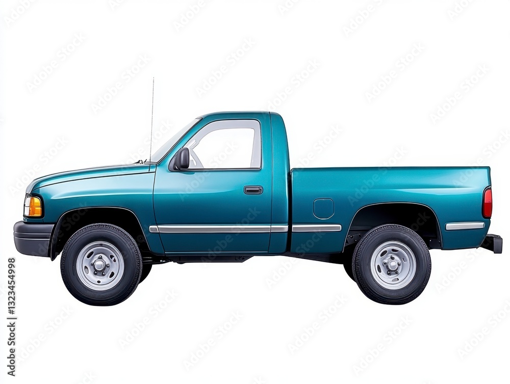 Teal blue pickup truck profile view, isolated on white background. Detailed side shot showcasing tires and body. Teal blue pickup truck profile view, isolated on white background. Detailed side shot showcasing tires and body.