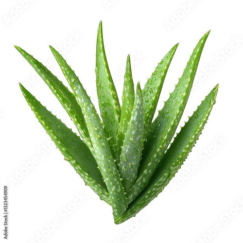 Fresh aloe vera leaves with water droplets, isolated on transparent background