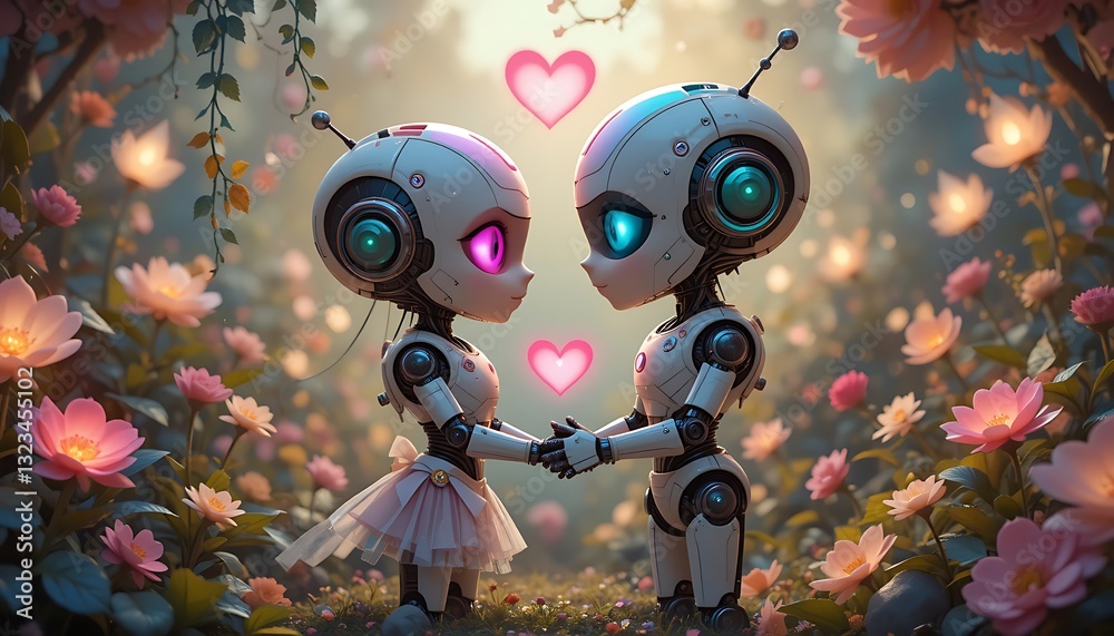 Fototapeta premium Loving Robots in a Dreamlike Garden