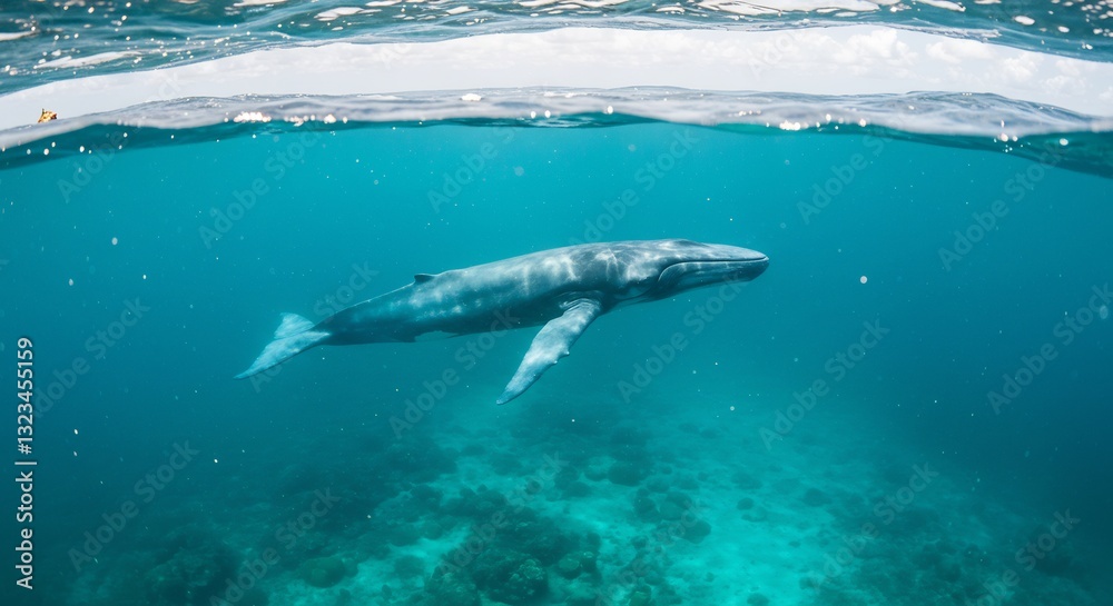 Naklejka premium Graceful whale swims serenely in vibrant turquoise water a tranquil underwater scene. AI Generated