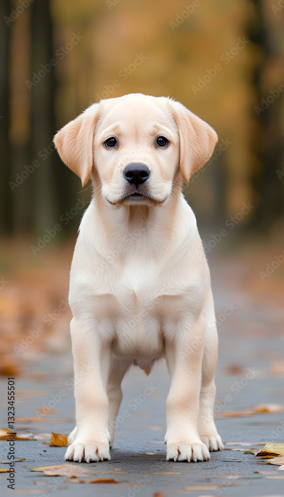 Adorable golden retriever puppy standing on a path in autumn