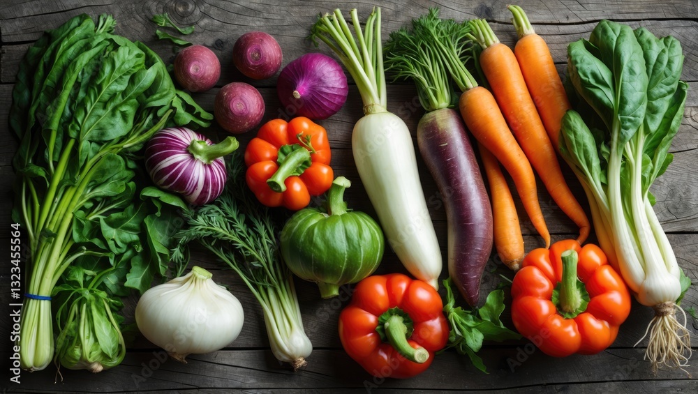 Colorful arrangement of fresh vegetables including green and purple leafy greens, orange carrots, red and yellow bell peppers on wooden background