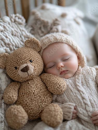 Sweet baby sleeps next to a knitted teddy bear