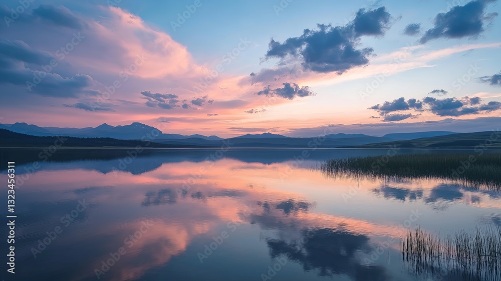 A mirror-like lake reflecting a sky full of soft pink clouds A mirror-like lake reflecting a sky full of soft pink clouds