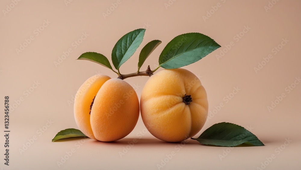 Two fresh loquats with green leaves resting on a soft pastel background showcasing warm yellow-orange shades in a minimalist arrangement. Two fresh loquats with green leaves resting on a soft pastel background showcasing warm yellow-orange shades in a minimalist arrangement.