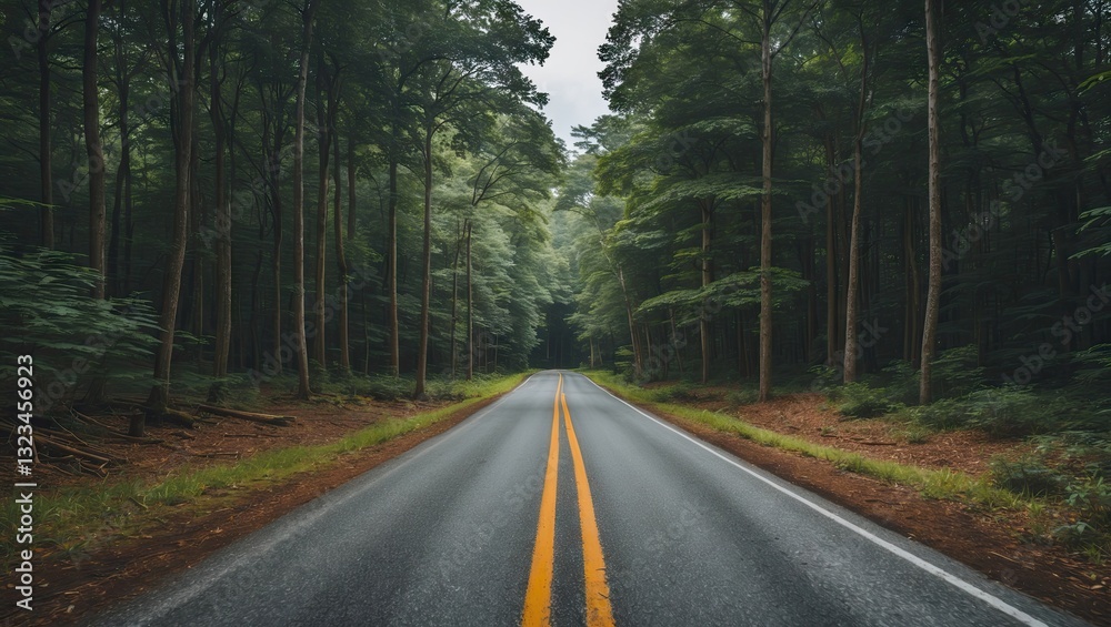 Forest road lined with tall green trees under a cloudy sky featuring a double yellow lane marking excellent for text or design space. Forest road lined with tall green trees under a cloudy sky featuring a double yellow lane marking excellent for text or design space.