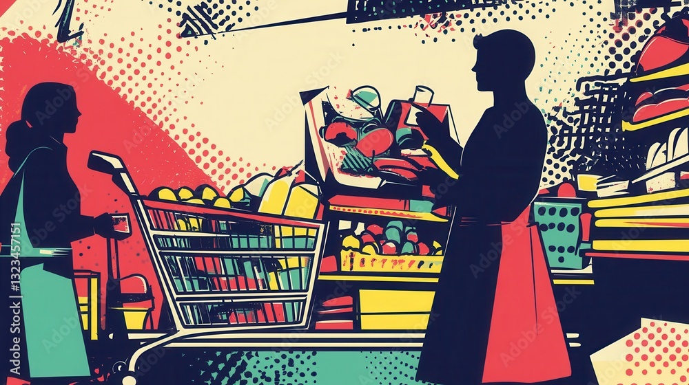 Obraz premium Grocery selection in a virtual shopping experience with dynamic illustrations showcasing bold lines and halftone textures