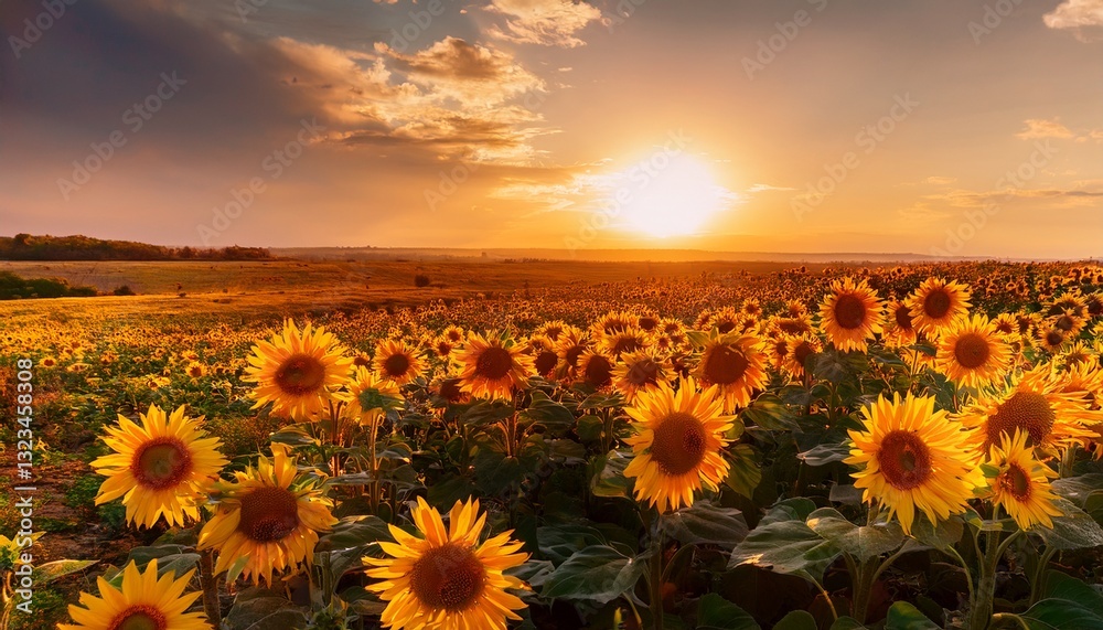 Obraz premium Sunflowers in a field, illuminated by the warm glow of the sunset, creating a peaceful, idyllic atmosphere. Perfect for nature-themed projects and serene summer views. 