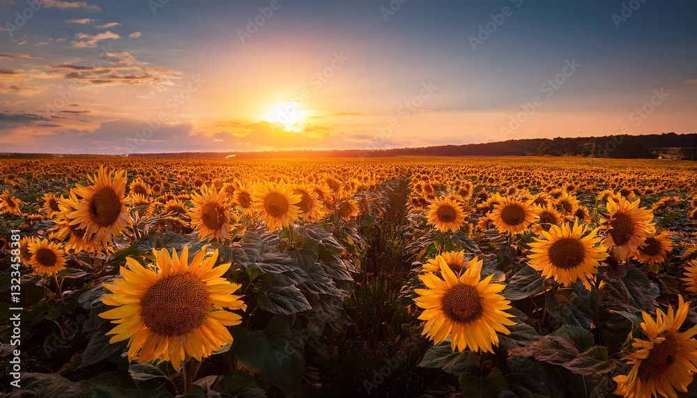 Fototapeta premium Sunflowers in a field, illuminated by the warm glow of the sunset, creating a peaceful, idyllic atmosphere. Perfect for nature-themed projects and serene summer views. 