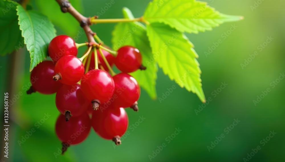 Fresh bunch of red currants hanging from a branch, currants, botanicals, foliage Fresh bunch of red currants hanging from a branch, currants, botanicals, foliage