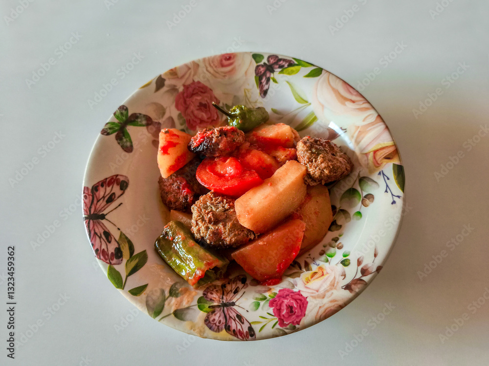 A hearty Turkish dish with fried meatballs, fried potatoes, tomatoes and green peppers with tomato sauce. A comforting and delicious meal