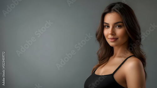 Light and Shadow of Beauty: Mid-20s Woman in f/2.8 Focus, Flawless Skin Contrasts with Gradient Gray and Left Negative Space