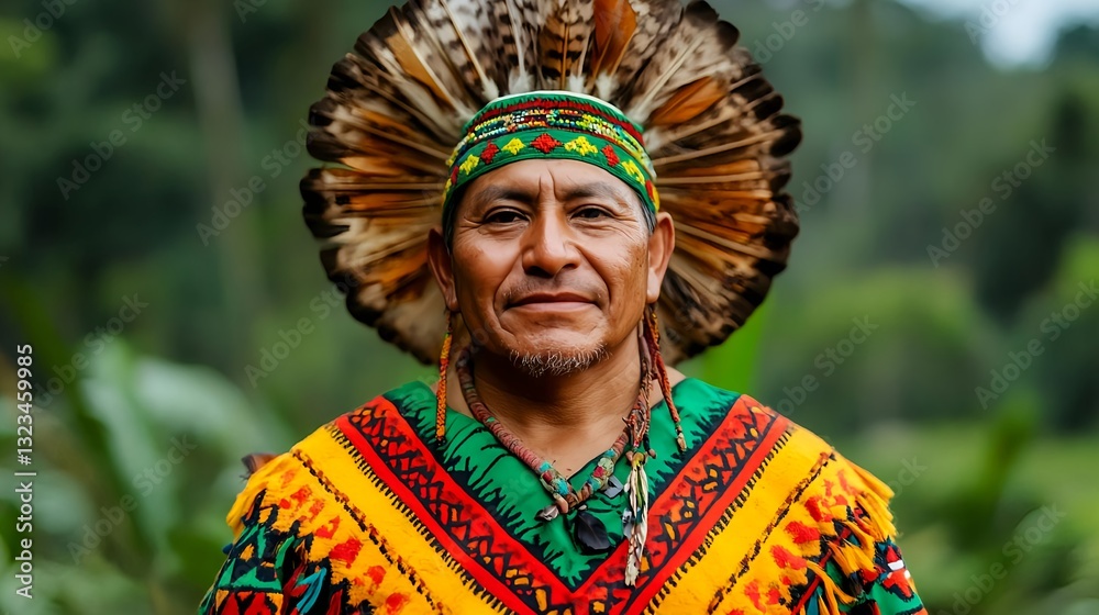 Obraz premium Indigenous Man, Colorful Headdress, Portrait - Cultural Diversity