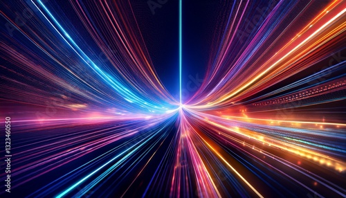 abstract colorful lines with glowing particles on a dark background creating a vibrant and dynamic visual experience