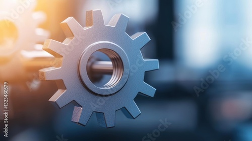 A close-up of a metallic gear showcasing intricate details and a shiny surface, symbolizing machinery and industrial design.
