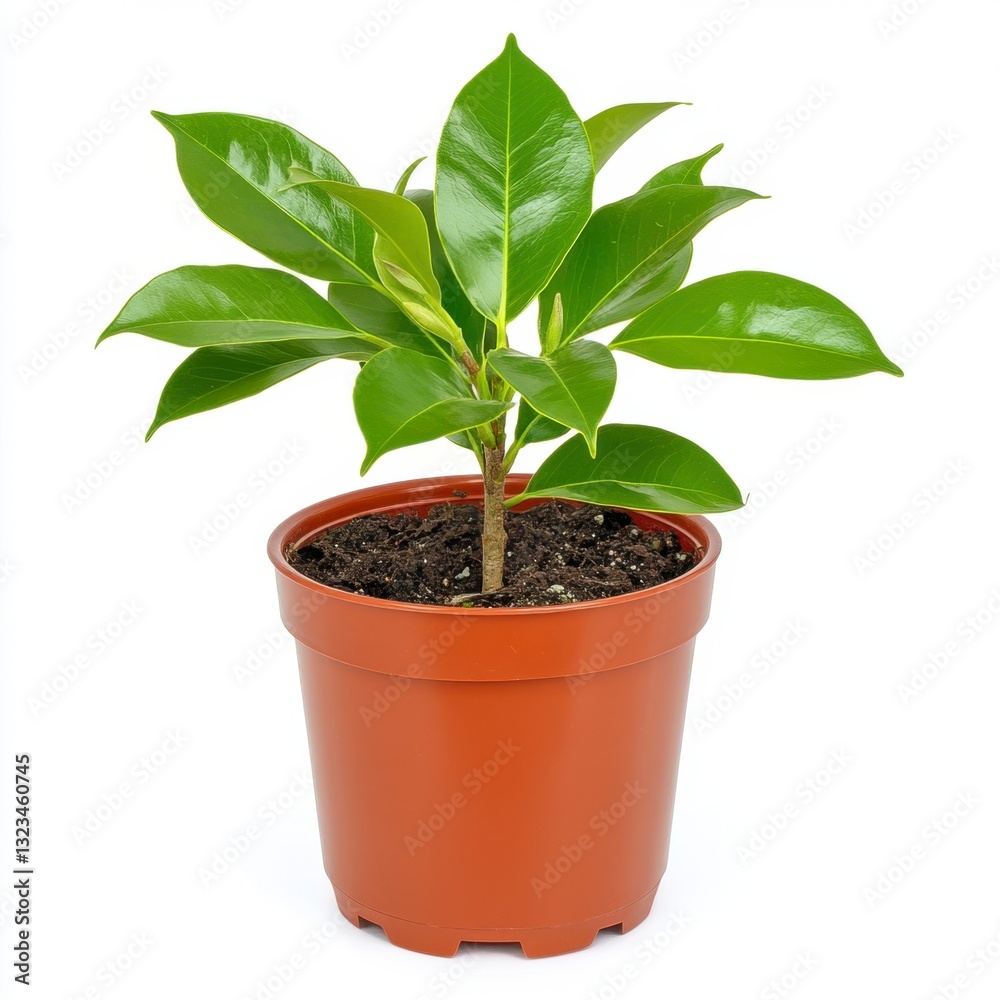 Vibrant green plant with broad leaves in a brown plastic pot against a white background. The plant is small, healthy, and appears freshly potted. Vibrant green plant with broad leaves in a brown plastic pot against a white background. The plant is small, healthy, and appears freshly potted.