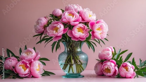 Glass vase filled with vibrant pink peonies on a soft pastel pink background with green leaves surrounding the arrangement for added elegance.
