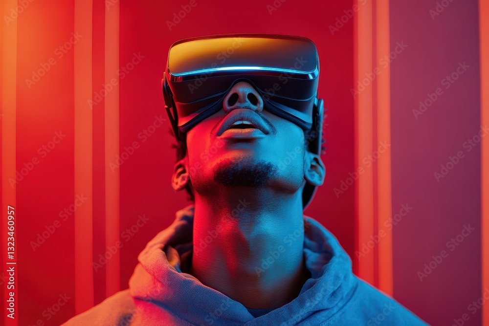 Man wearing VR headset, red and blue lighting. Illustrates immersive virtual reality experiences, ideal for tech, gaming, and metaverse concepts. Man wearing VR headset, red and blue lighting. Illustrates immersive virtual reality experiences, ideal for tech, gaming, and metaverse concepts.
