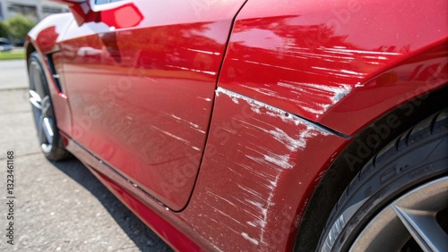 A close-up view of a red car with visible scratches on the side, highlighting damage to the paintwork and body.