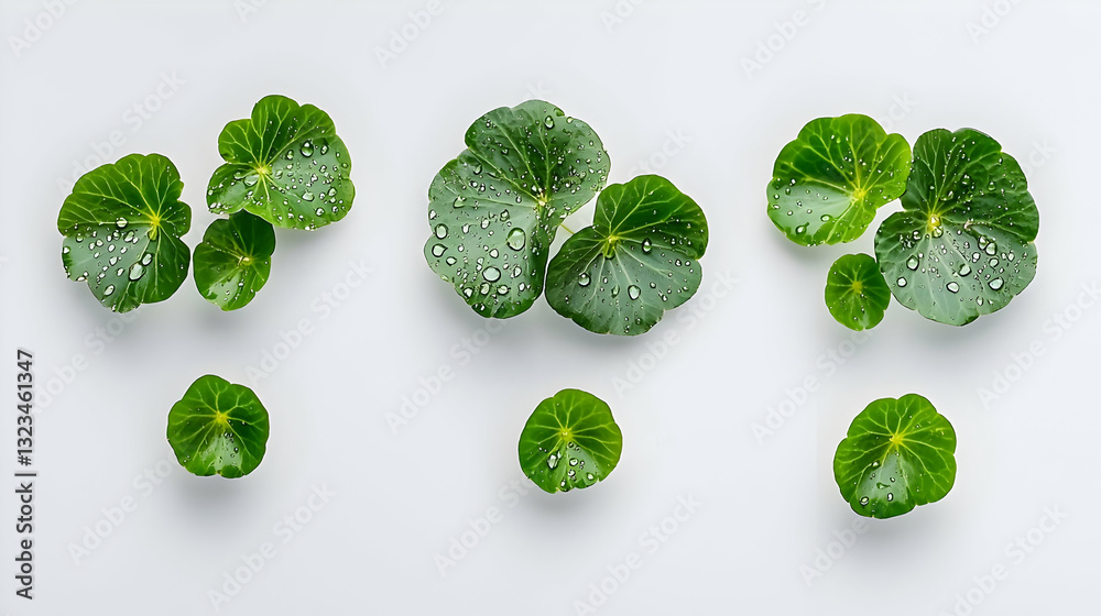 Obraz premium Isolated Green Leaves Arrangement On White Background Flat Lay Composition
