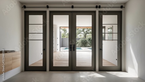 Minimalist modern interior with gray French doors framed by light walls  showcasing a spacious view of a serene outdoor area with greenery.