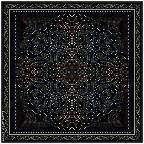 Intricate hand drawn dot and stitch pattern, geometric pattern featuring colorful floral designs on a black background, framed by ornate borders and detailed textures
