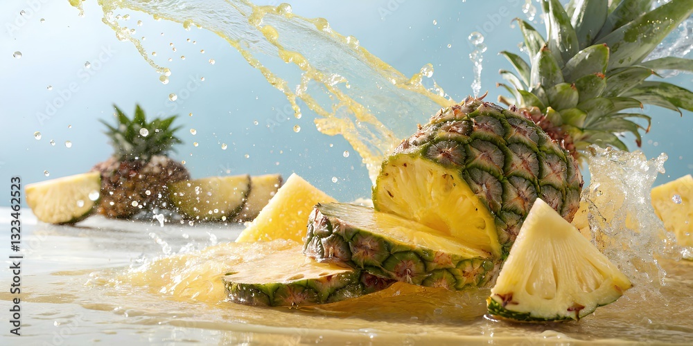 Juicy pineapple pieces creating a dynamic liquid splash, hyper-realistic texture, vibrant midday sunlight enhancing the tropical colors, energetic