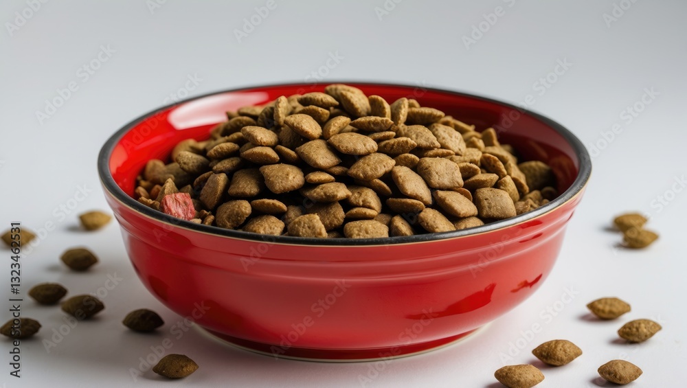Dry cat food in a glossy red bowl centered on a white background with scattered kibble, ideal for text overlay and design placement. Dry cat food in a glossy red bowl centered on a white background with scattered kibble, ideal for text overlay and design placement.