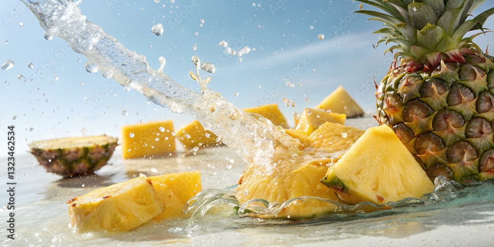 Juicy pineapple pieces creating a dynamic liquid splash, hyper-realistic texture, vibrant midday sunlight enhancing the tropical colors, energetic