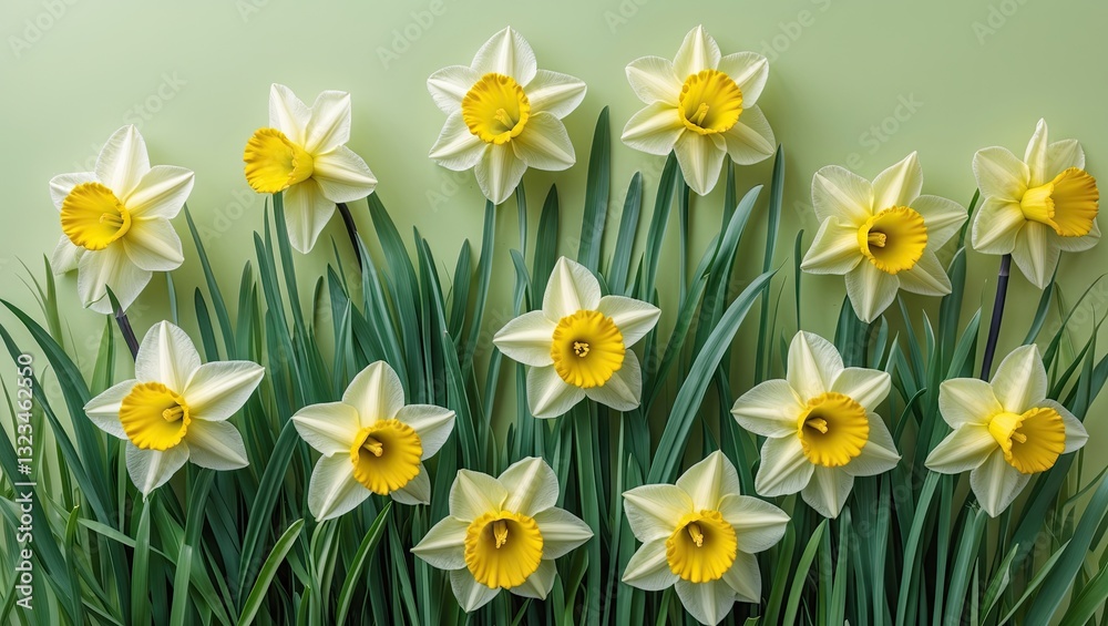 Fototapeta premium Yellow daffodils with vibrant green leaves arranged on a soft pastel green background creating a fresh and cheerful spring atmosphere