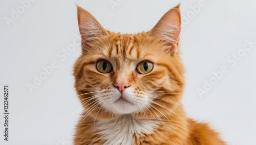 Ginger cat with striking green eyes centered against a bright white background, showcasing its fluffy fur and attentive expression.