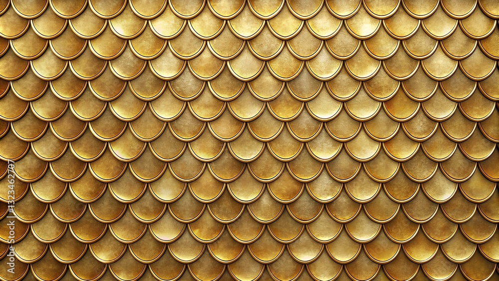 Gold metal wallpaper texture wall background banner panorama - Vintage retro abstract tile with golden metallic fish scales tiles structure, seamless pattern