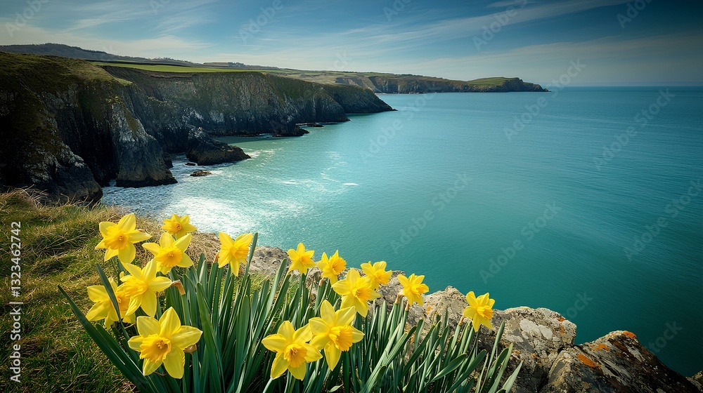 A peaceful coastal view of St. David’s Head in Pembrokeshire, with cliffs, the sea, and daffodils growing along the edge