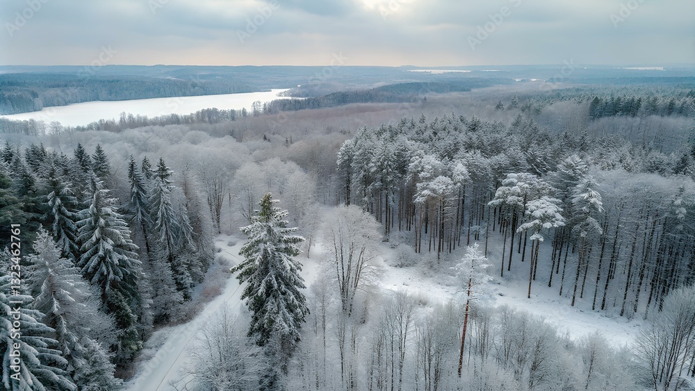 Aerial view of winter forest with snow covered everywhere. Winter landscape top view