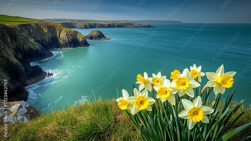 A peaceful coastal view of St. David’s Head in Pembrokeshire, with cliffs, the sea, and daffodils growing along the edge