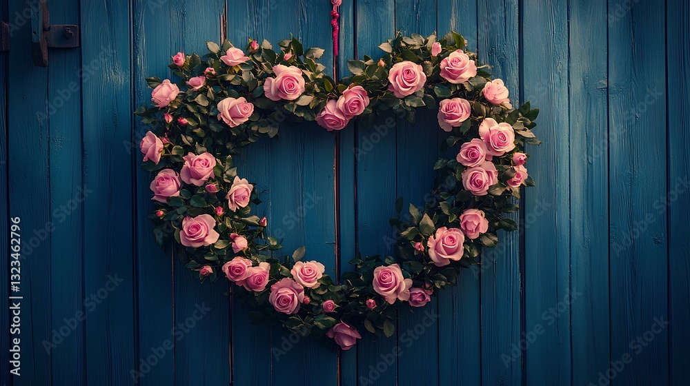 A heart-shaped wreath made of fresh roses and greenery, hanging on a rustic wooden door