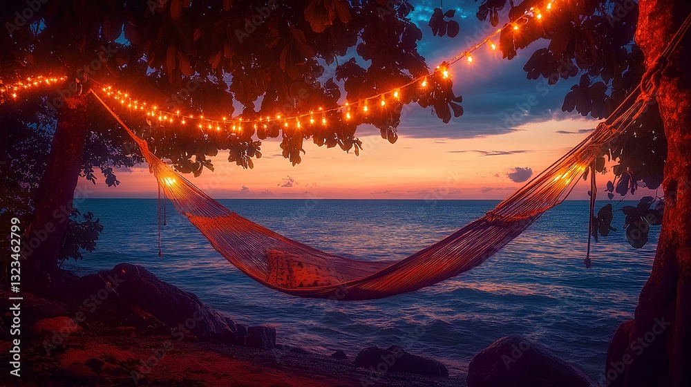 A hammock under glowing string lights with the ocean and a vivid sunset in the background