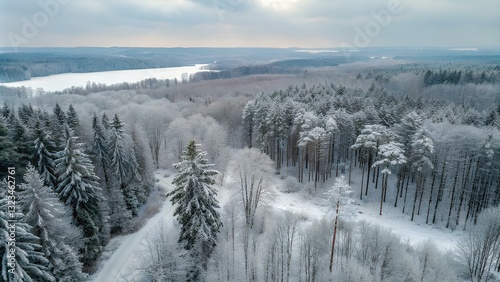 Obraz na płótnie Aerial view of winter forest with snow covered everywhere. Winter landscape top view w salonie