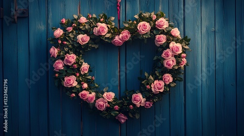 Obraz na płótnie A heart-shaped wreath made of fresh roses and greenery, hanging on a rustic wooden door w salonie