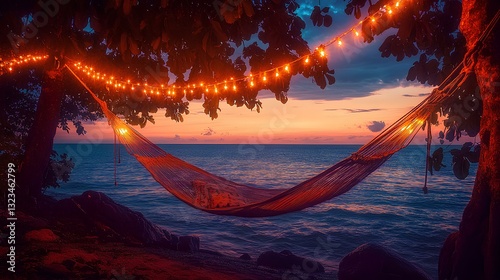 Obraz na płótnie A hammock under glowing string lights with the ocean and a vivid sunset in the background w salonie