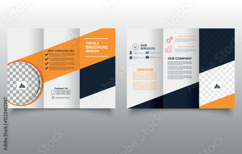 Orange trifold brochure. Professional Business Trifold Brochure Layout for Marketing and Branding. Vector. Editable image.