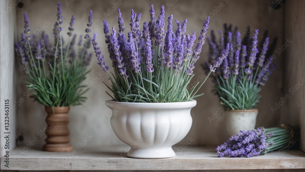 Fototapeta premium Decorative lavender plants in various pots on a rustic shelf with natural wooden textures soft purple flowers and earthy tones creating a cozy atmosphere